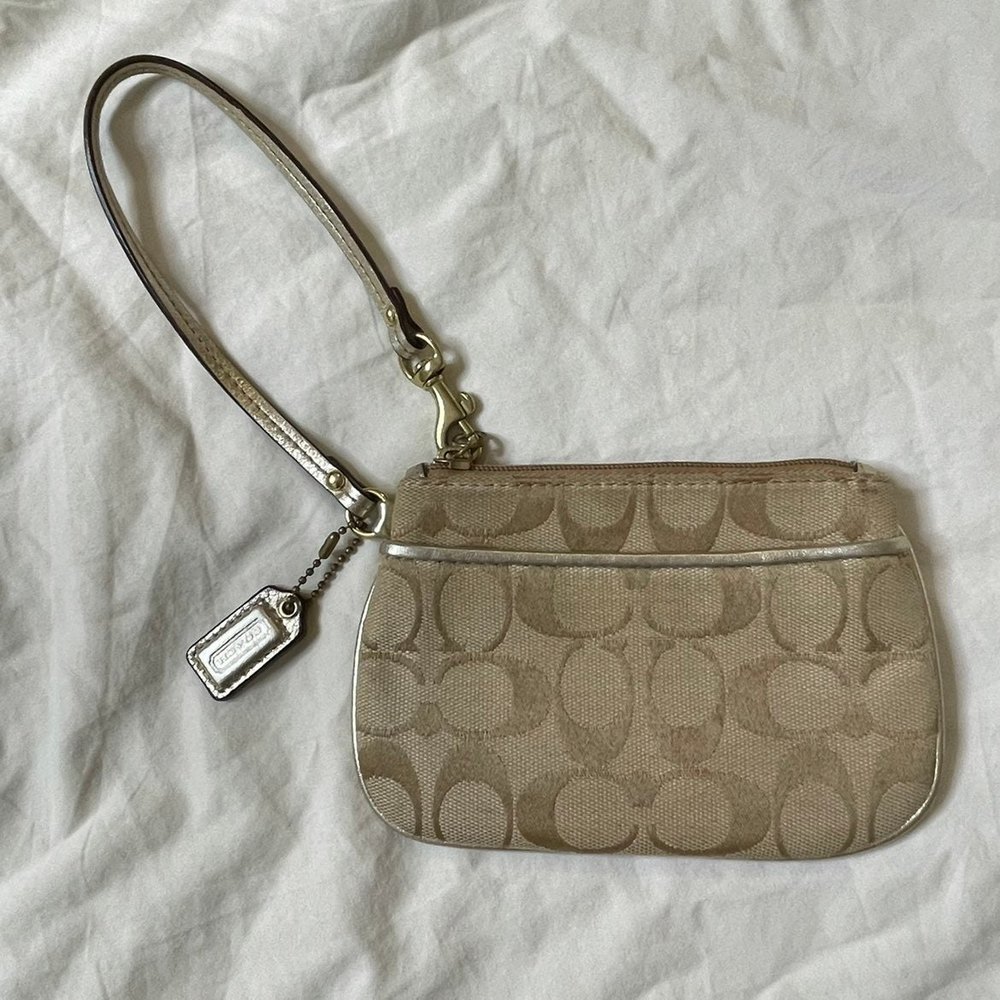 COACH Signature Monogram Small Wristlet Tan Beige - Picture 8 of 12
